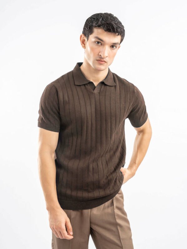 Dark Brown Drop Needle Flat Knit Polo